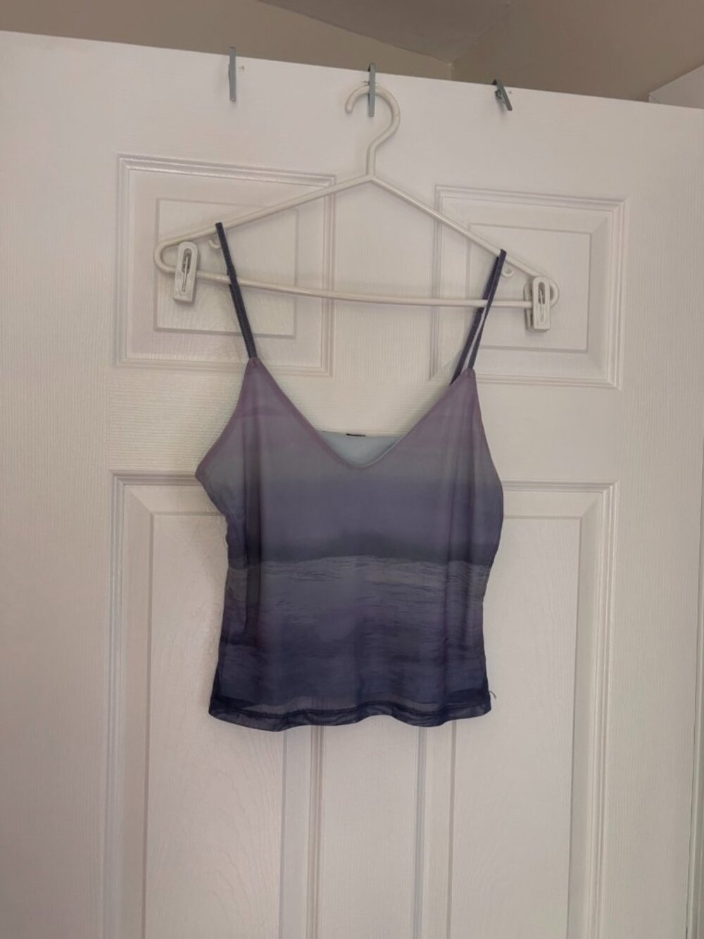 Y2K Blue Ombre Mesh Cami Top – Sheer Gradient Spaghetti Strap Tank (Medium)